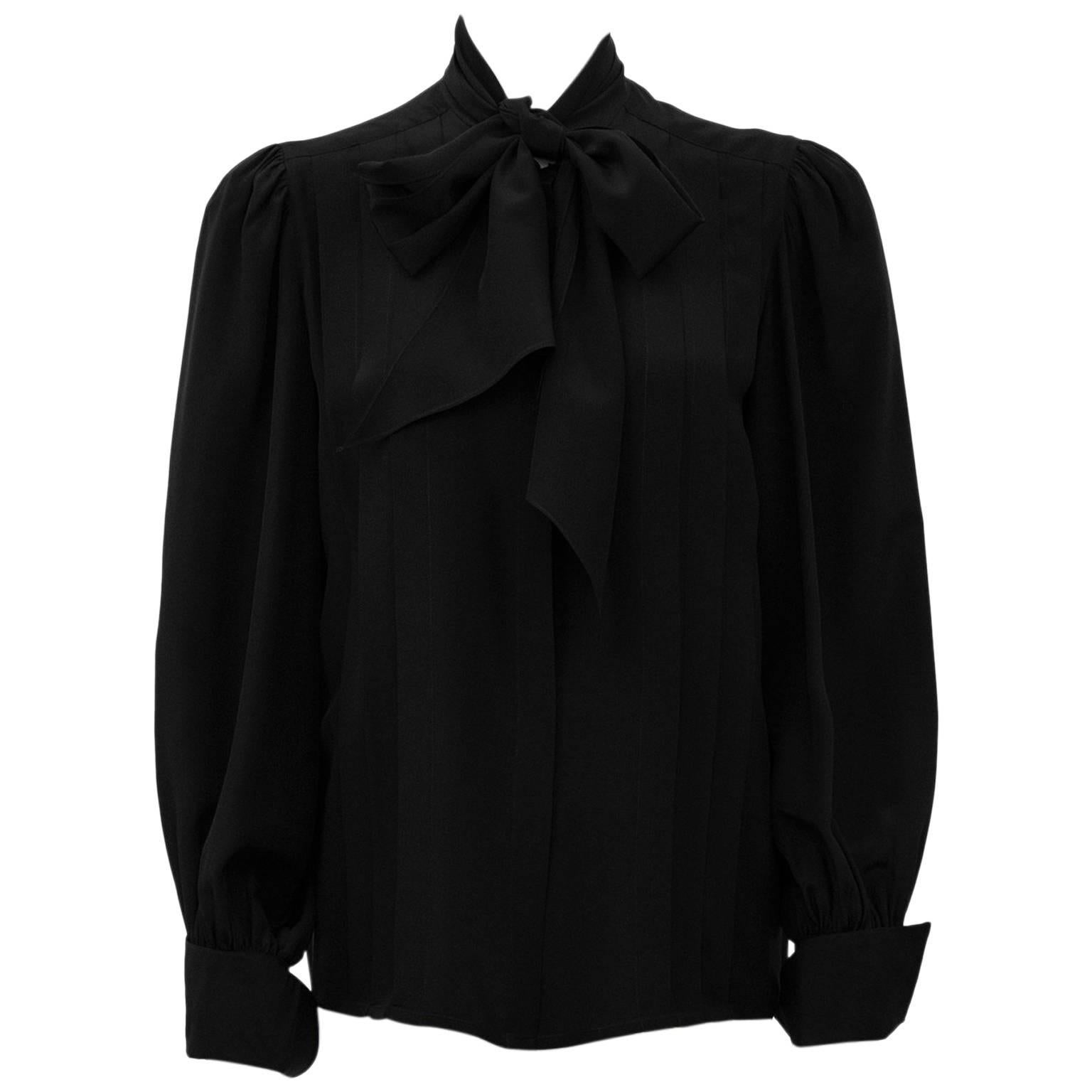 1980's BAMM Black Silk Pussy Bow Blouse