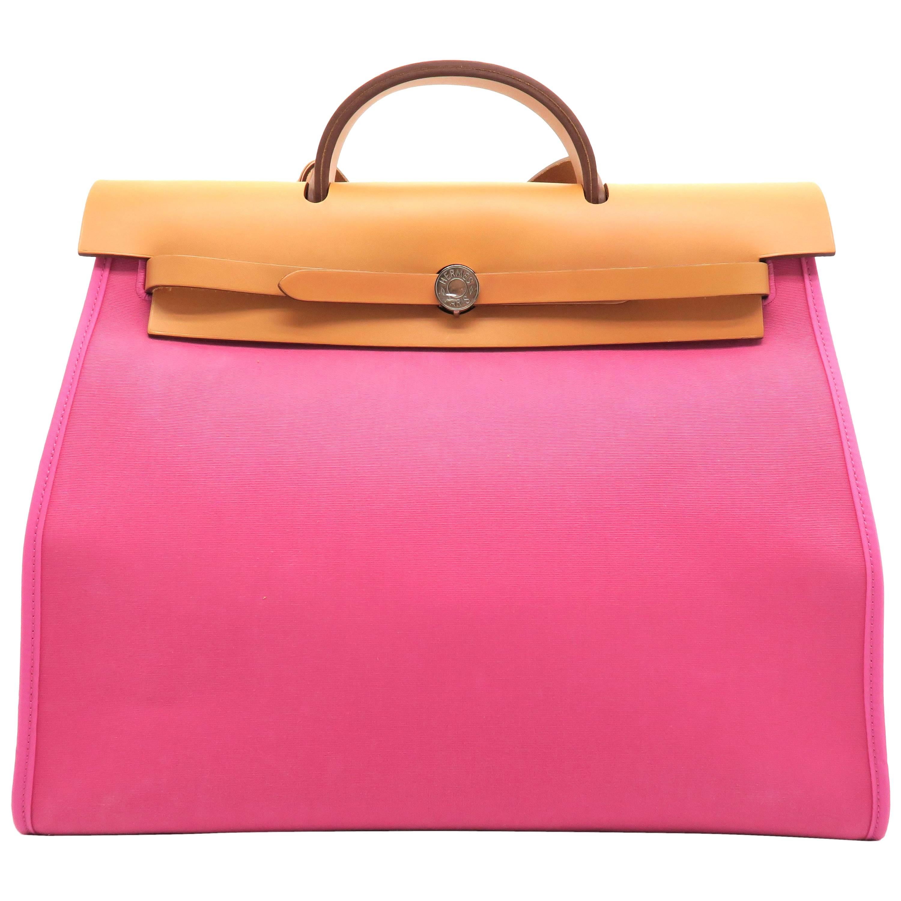 Hermes Herbag GM Pink Toile H Canvas Top Handle Bag