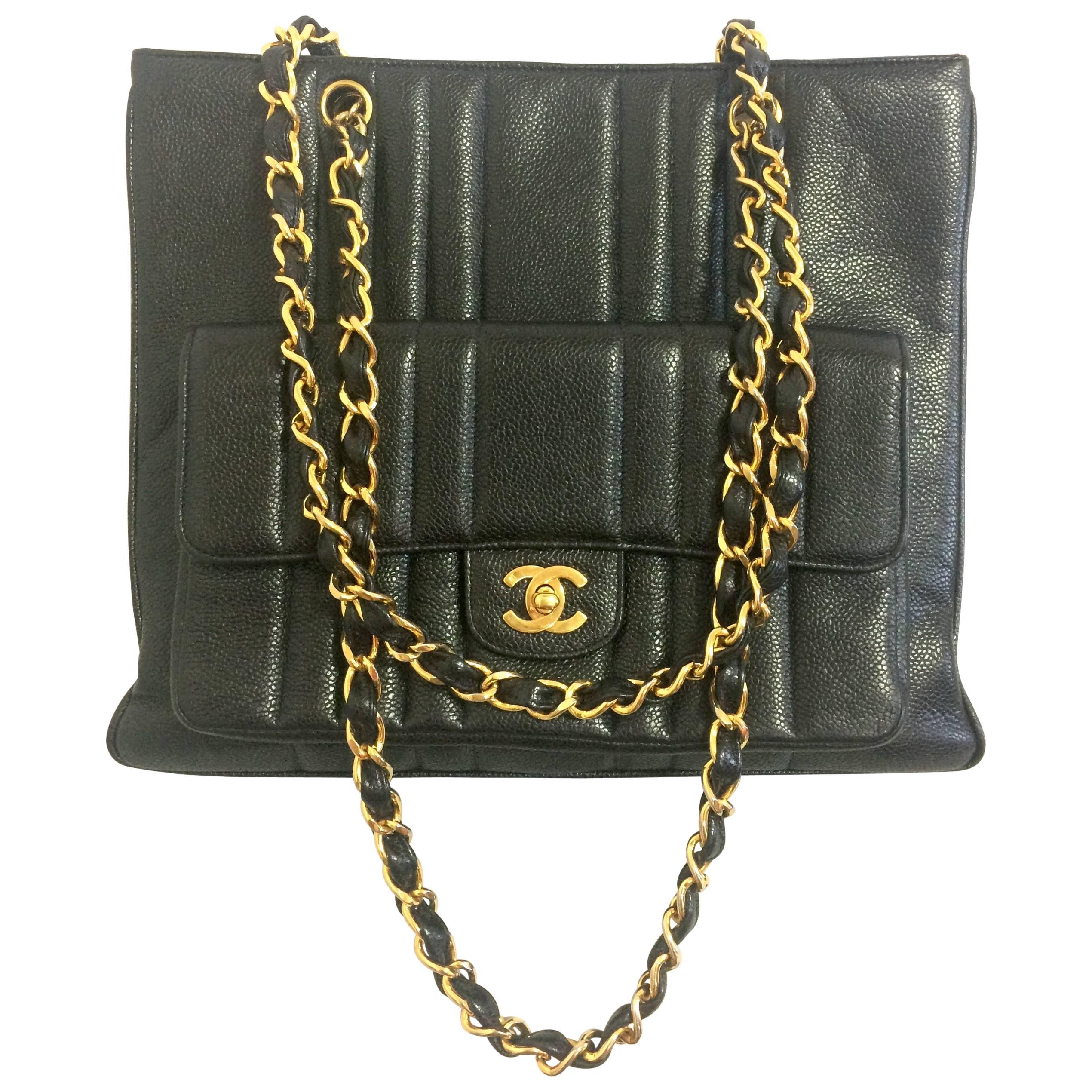 Vintage CHANEL rare 2.55 combo design black caviar leather chain shoulder bag.