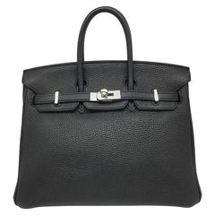Hermes Birkin 25 Noir Black Togo Leather Silver Metal Top Handle Bag