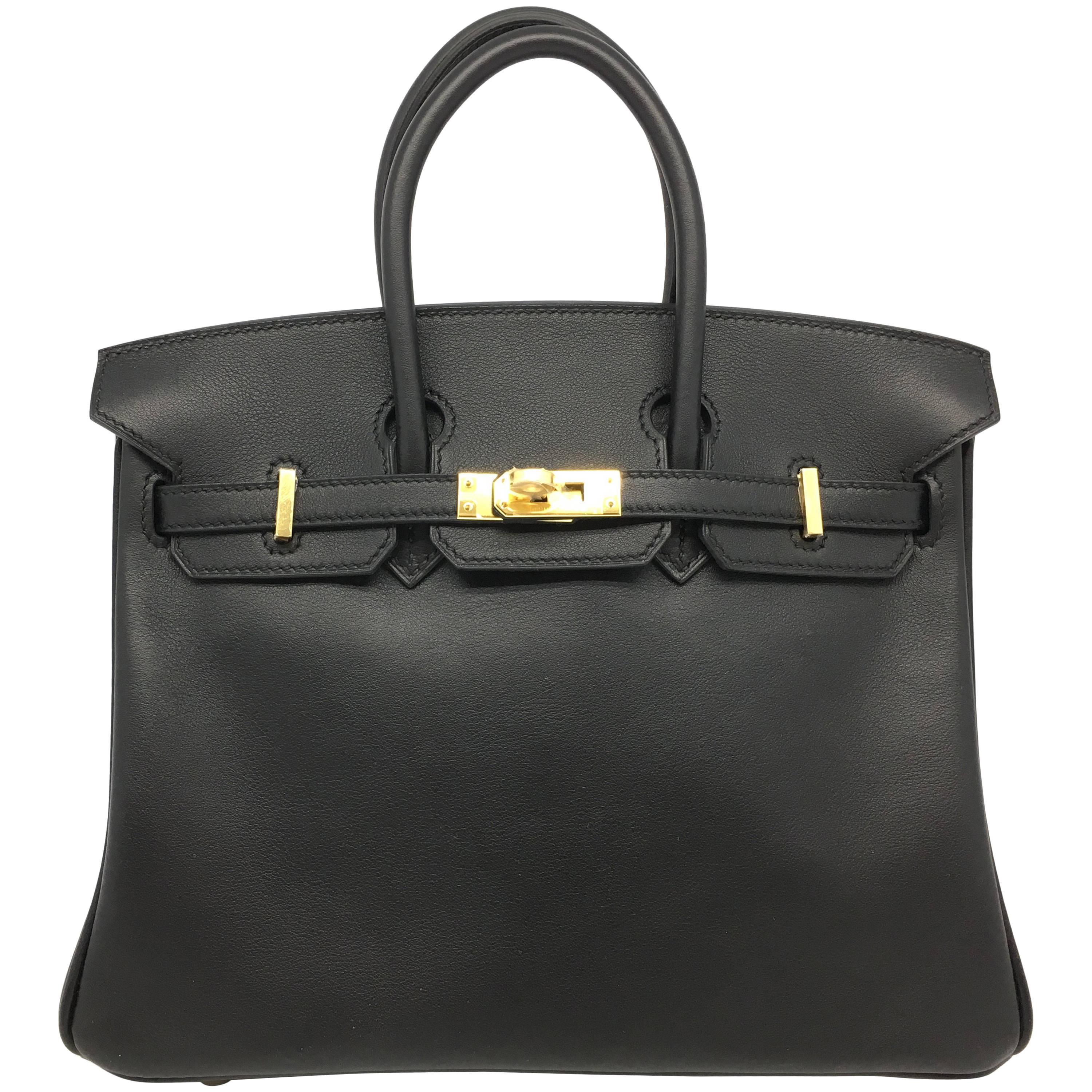 Hermes Birkin 25 Noir Black Swift Leather Gold Metal Top Handle Bag