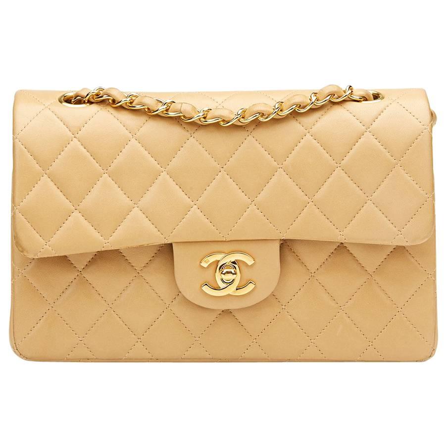 1990s Chanel Beige Quilted Lambskin Vintage Small Classic Double Flap Bag