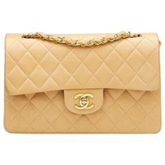1990s Chanel Beige Quilted Lambskin Vintage Small Classic Double Flap Bag  at 1stDibs