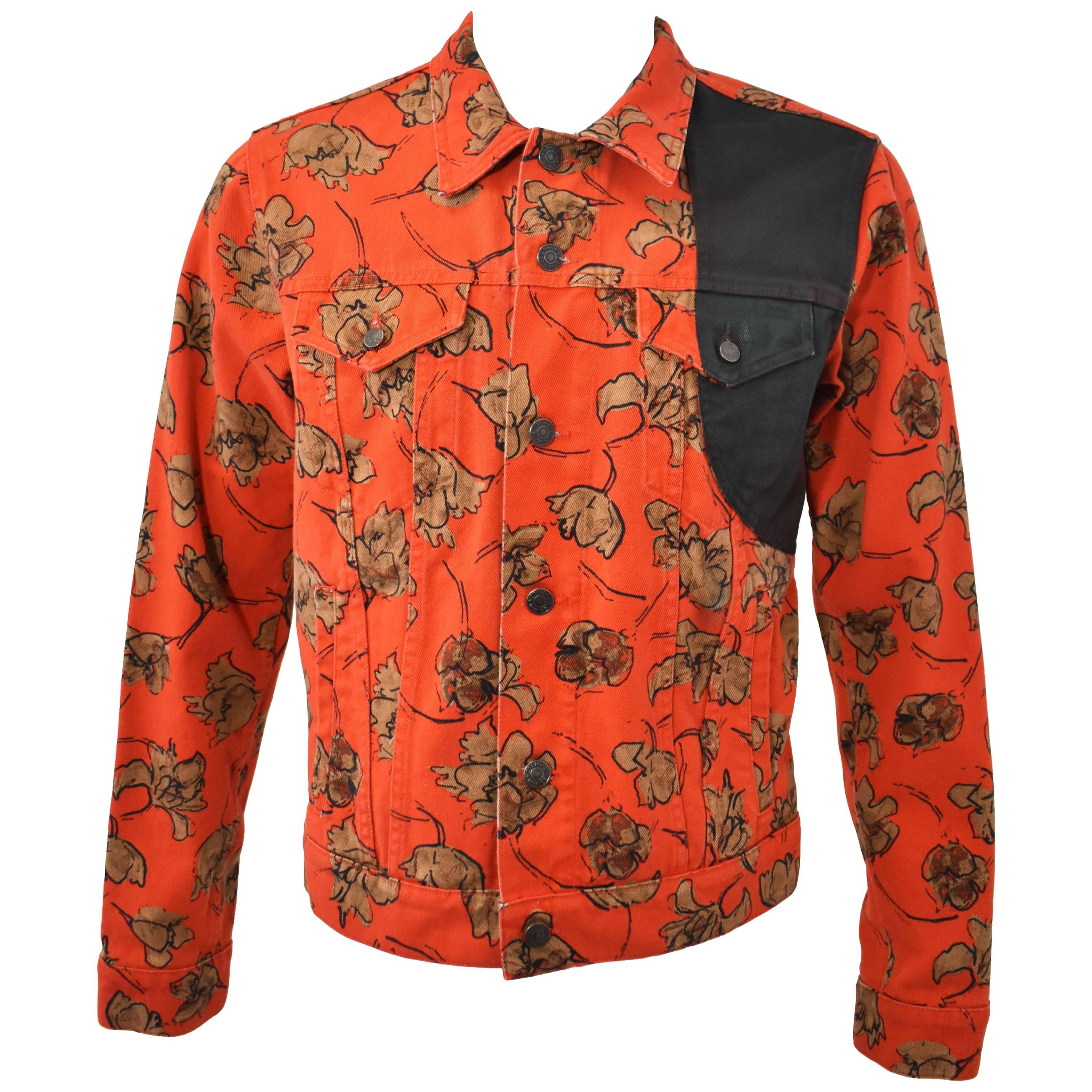 Dries Van Noten Orange Floral Print Denim Jacket with Concealed Belt and Waxed C For Sale