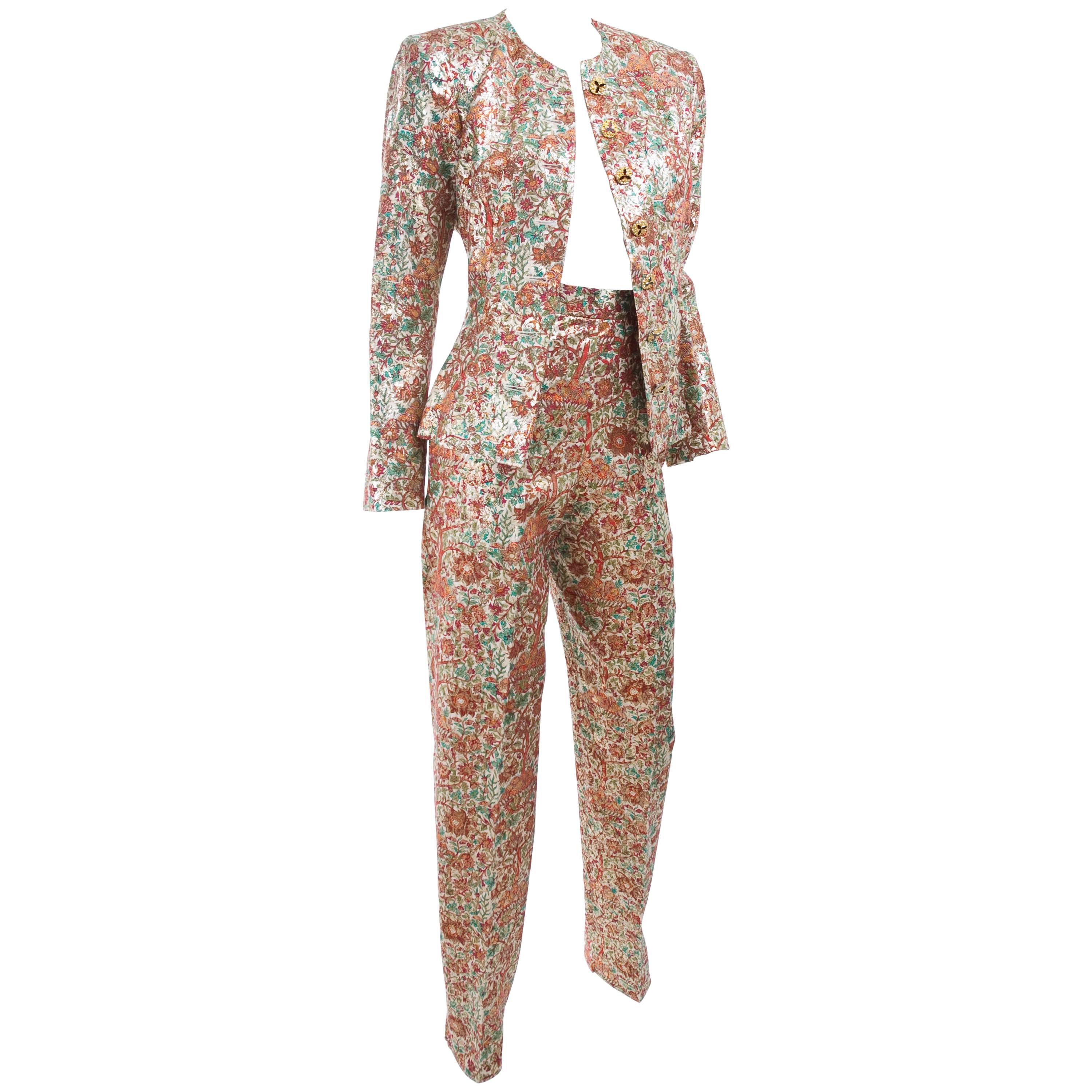 Vintage Yves Saint Laurent Brocade Suit in Gold, Red and Green For Sale