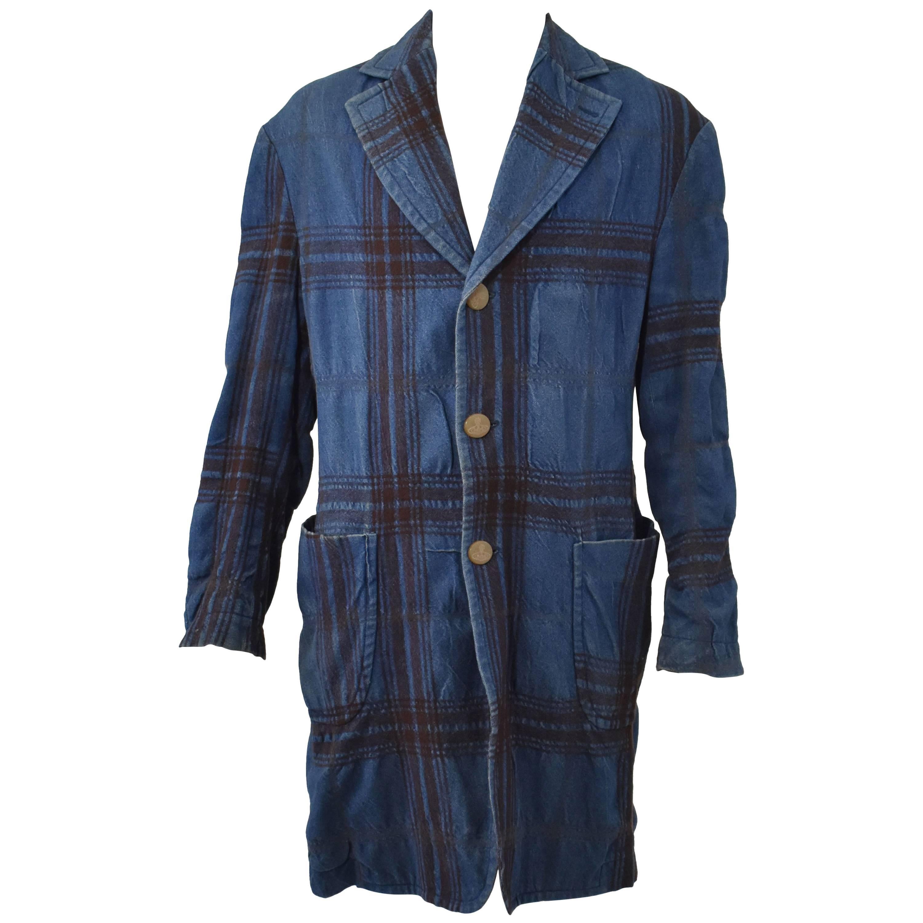 Vivienne Westwood Denim and Brown Check Wool Coat 