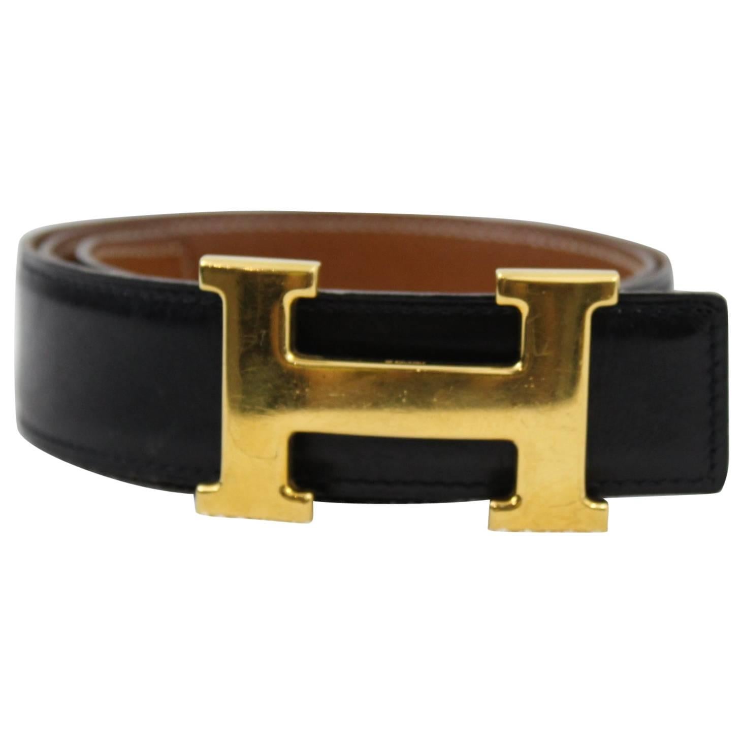 Hermes reversible H Constance Black and Gold Leather Belt. Size 68 (27 inches)