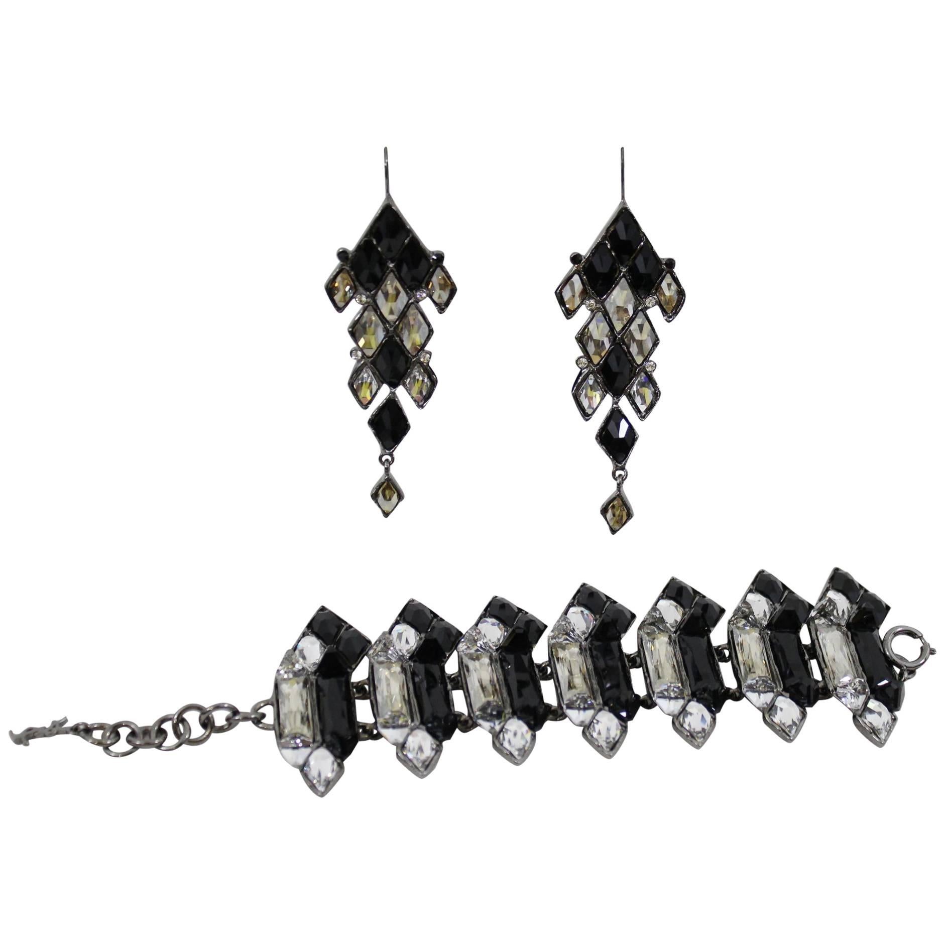 Amazing Yves Saint Laurent Jewelry Set (Earrings and Bracelet) Black and Crysta For Sale