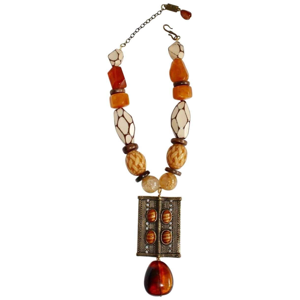 Philippe Ferrandis Limited Series Glass, Wood, Carnelian, and Citrine Necklace