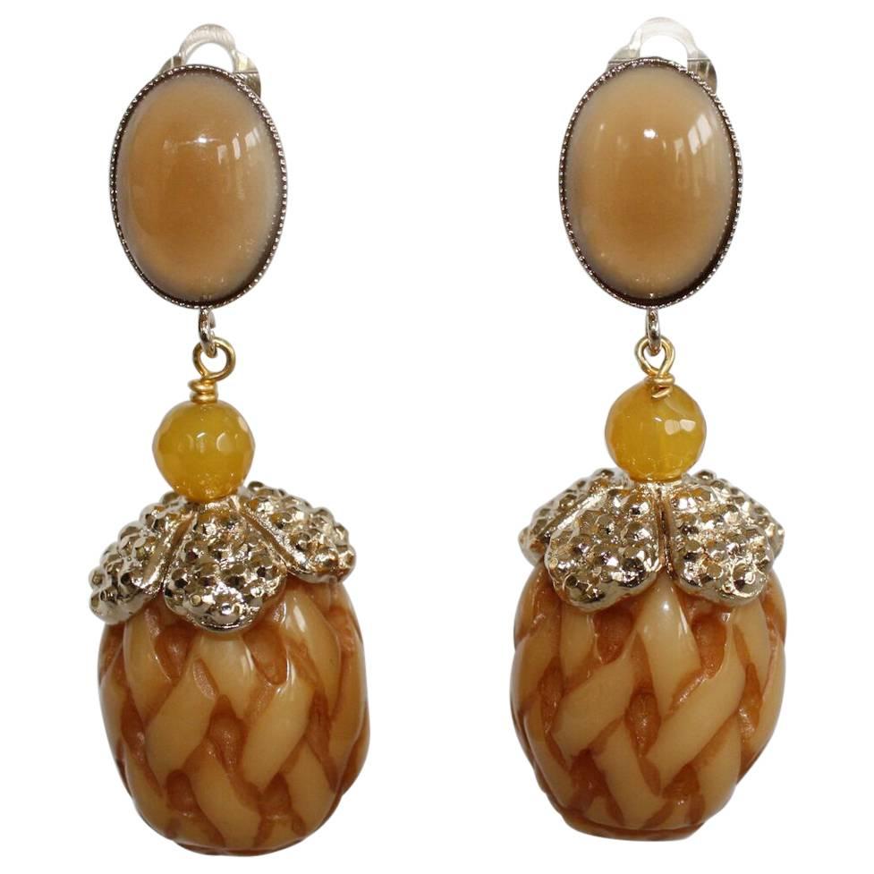 Philippe Ferrandis Glass Cabochon Resin and Swarovski Crystal Clip Earrings