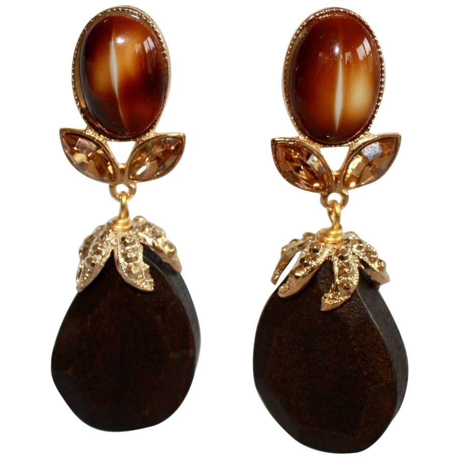 Philippe Ferrandis One of a Kind Glas, Wood, and Crystal Pierced Earrings