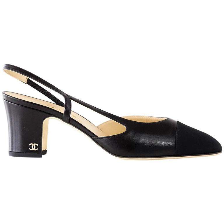 Chanel Shoe Mademoiselle Black Leather w/ Black Grosgrain Cap Toe 39.5 /  9.5 at 1stDibs