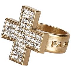 Chanel Gold Toned Rhinestone Cross Ring