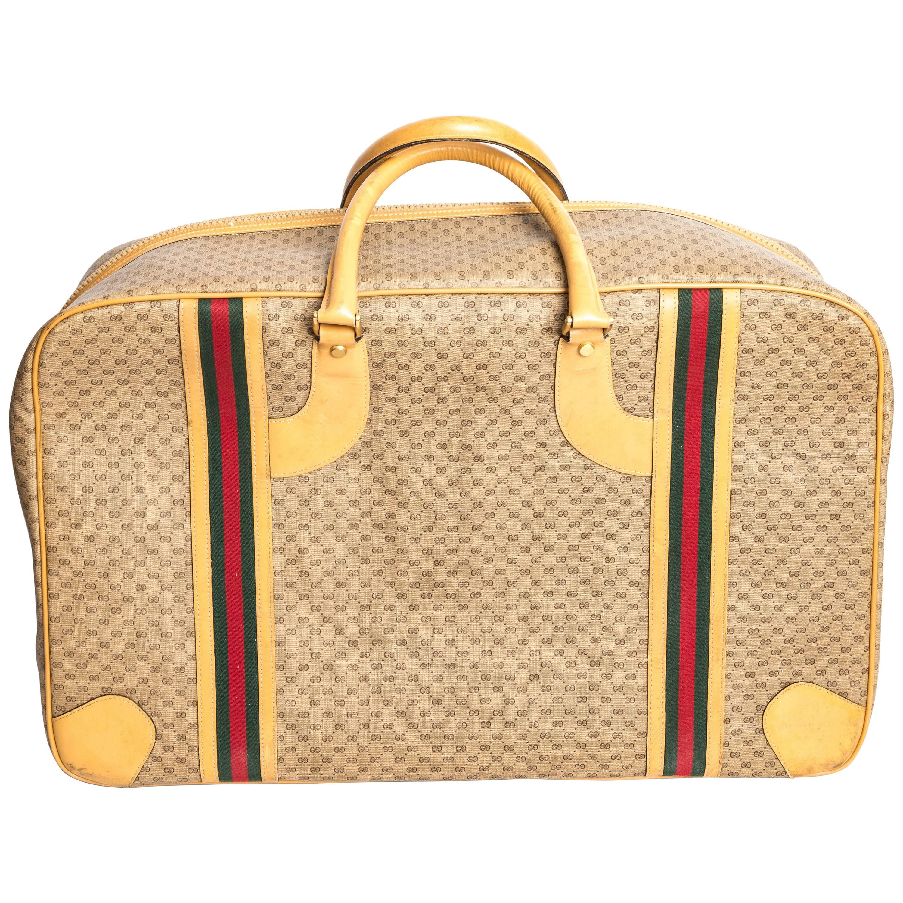 Gucci Soft Tan Monogram Suitcase With Heritage Stripe For Sale