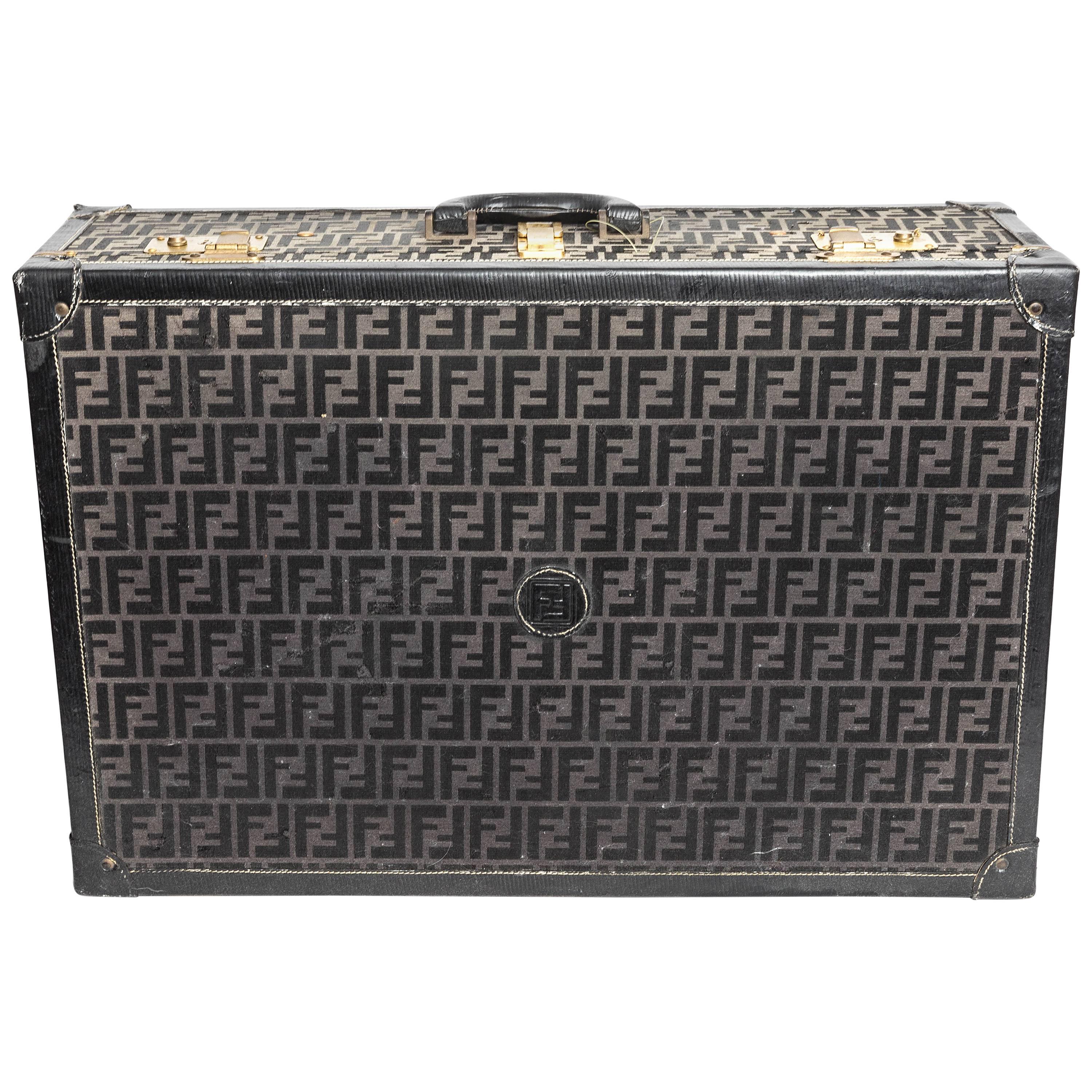 Chic Fendi Hard Zucca Pattern Suitcase with Black Leather Trim For Sale