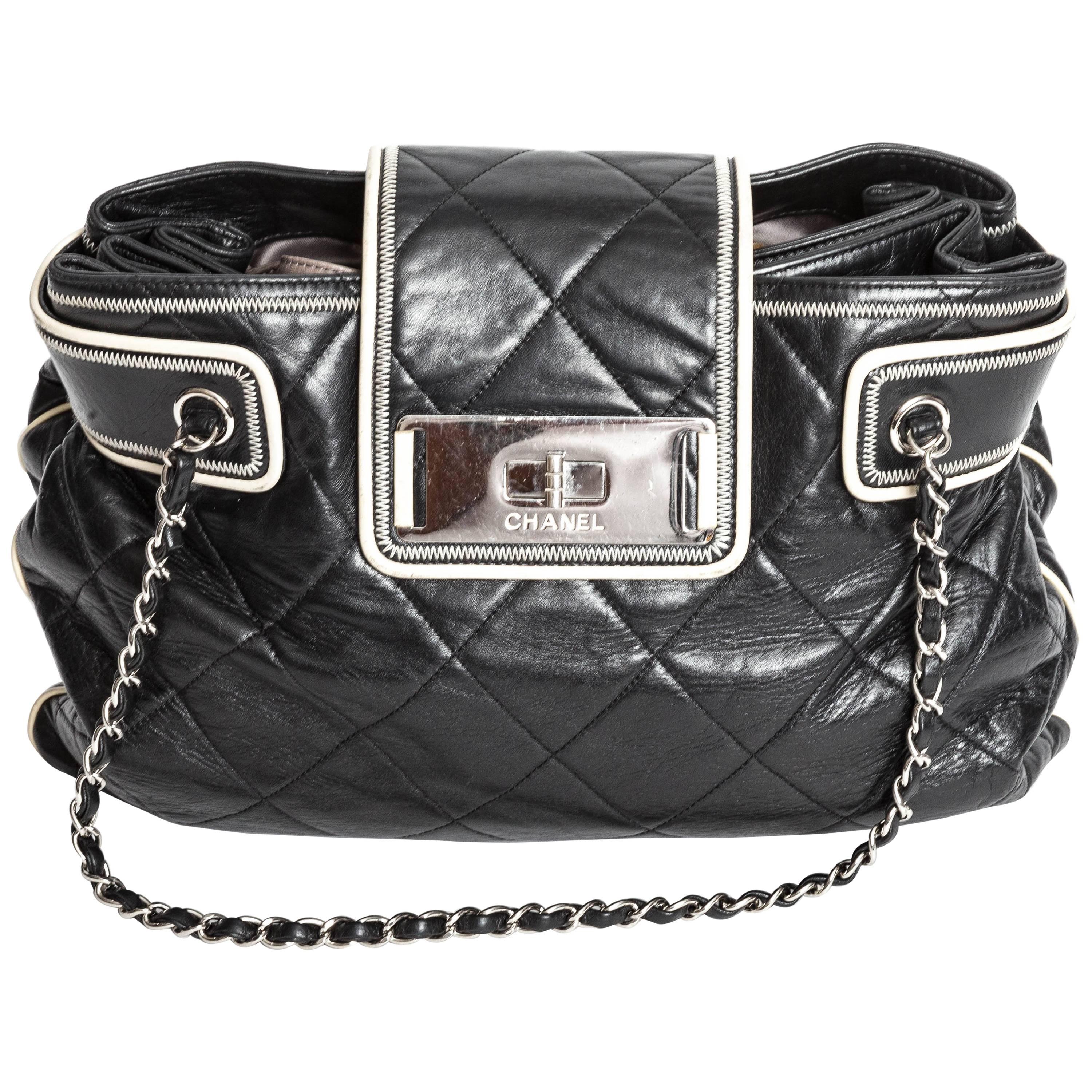 Chanel Black Leather Quilted Bag with Cream Leather Piping and Silver Hardware