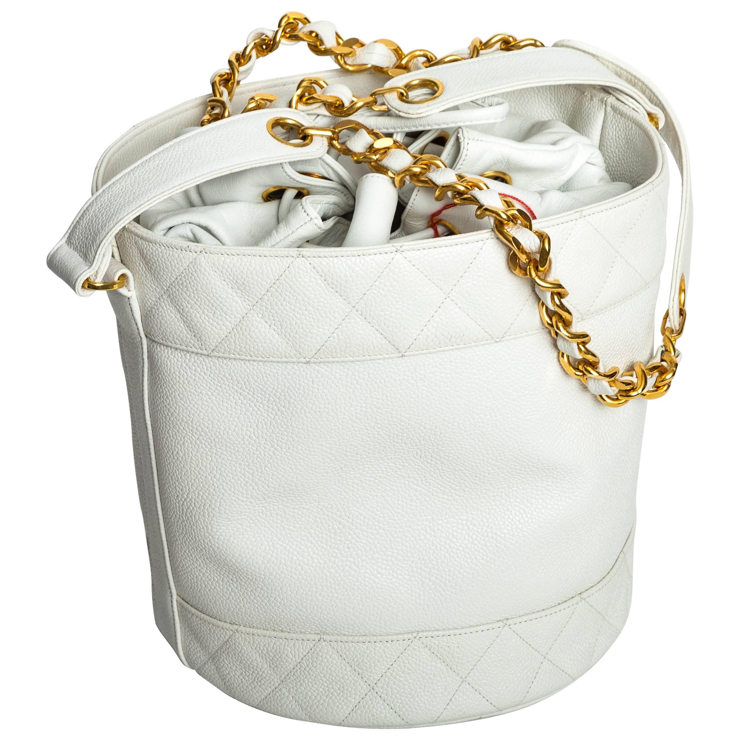 Chanel White Caviar Drawstring Bucket Bag with Interior Pouch and Gold Hardware 