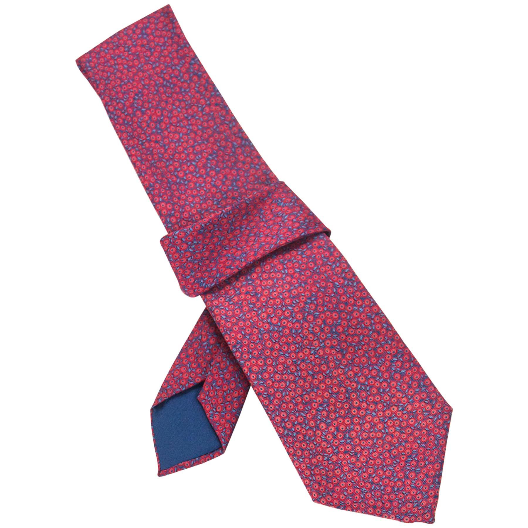 Hermes Red & Blue Dot Print Silk Tie