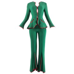 Vintage Ossie Clark 1970 Green jersey 'Judy' Pant Suit With Red Satin Trim
