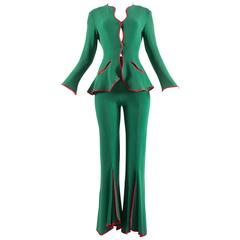 Ossie Clark 1970 Green jersey 'Judy' Pant Suit With Red Satin Trim 10