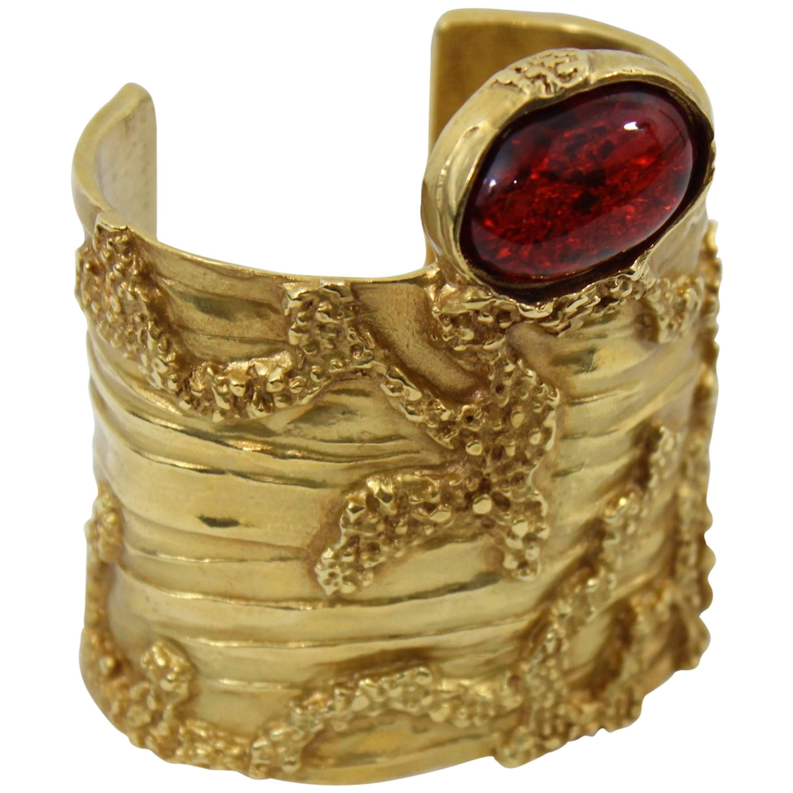 Yves Saint Laurent Gold Plated Artsy Cuff with Red Stone