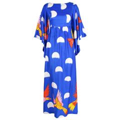 Rare 1970's Hanae Mori Novelty Print Maxi Dress w/Angel Wing Sleeves 