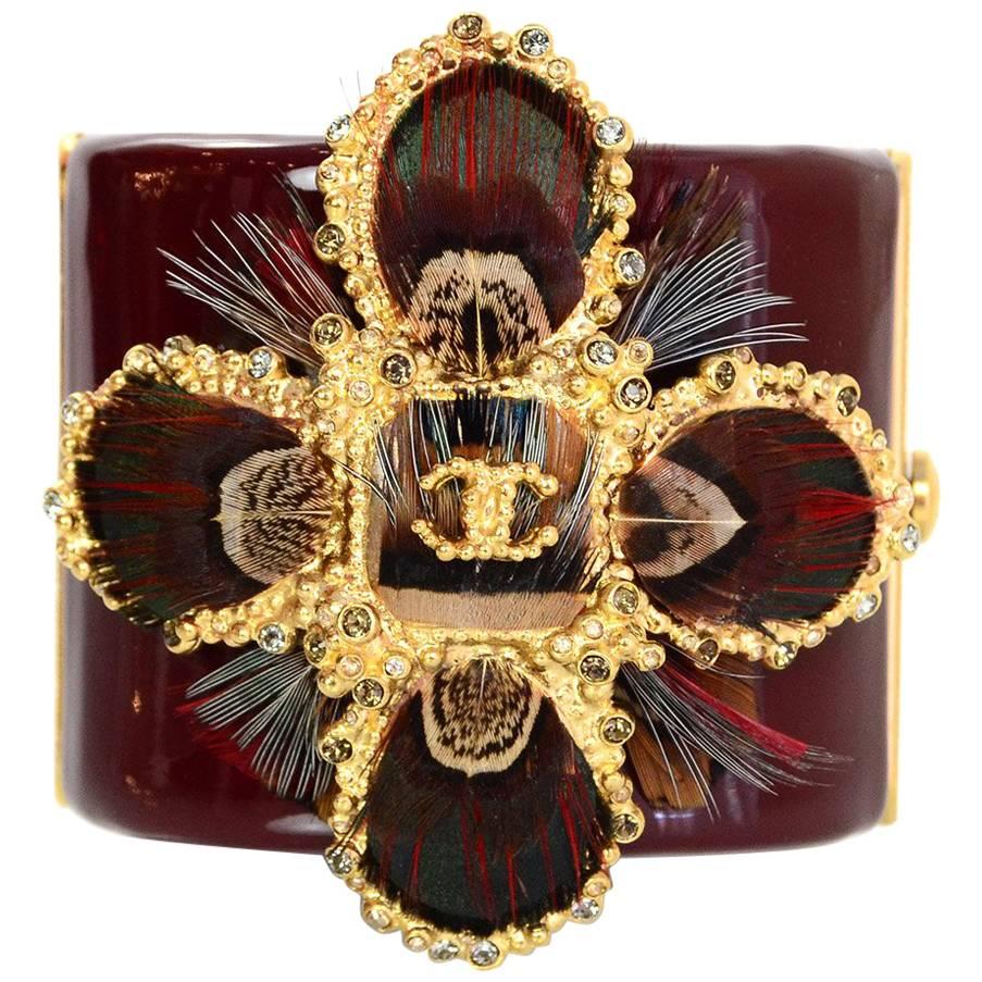 Chanel Burgundy Resin Feather Detailed CC Cross Cuff Bracelet