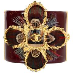 Chanel Burgundy Resin Feather Detailed CC Cross Cuff Bracelet 11