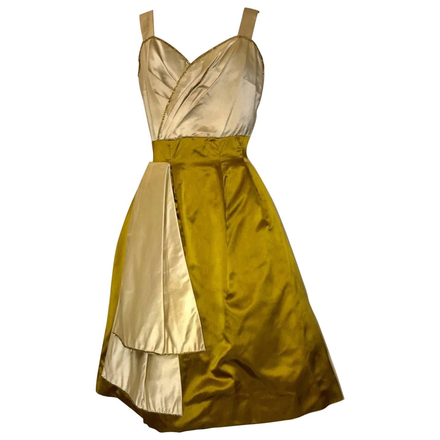 Jean Marchand for Friedlander Ivory Cream Yellow Gold Silk Cocktail Dress, 1950s For Sale