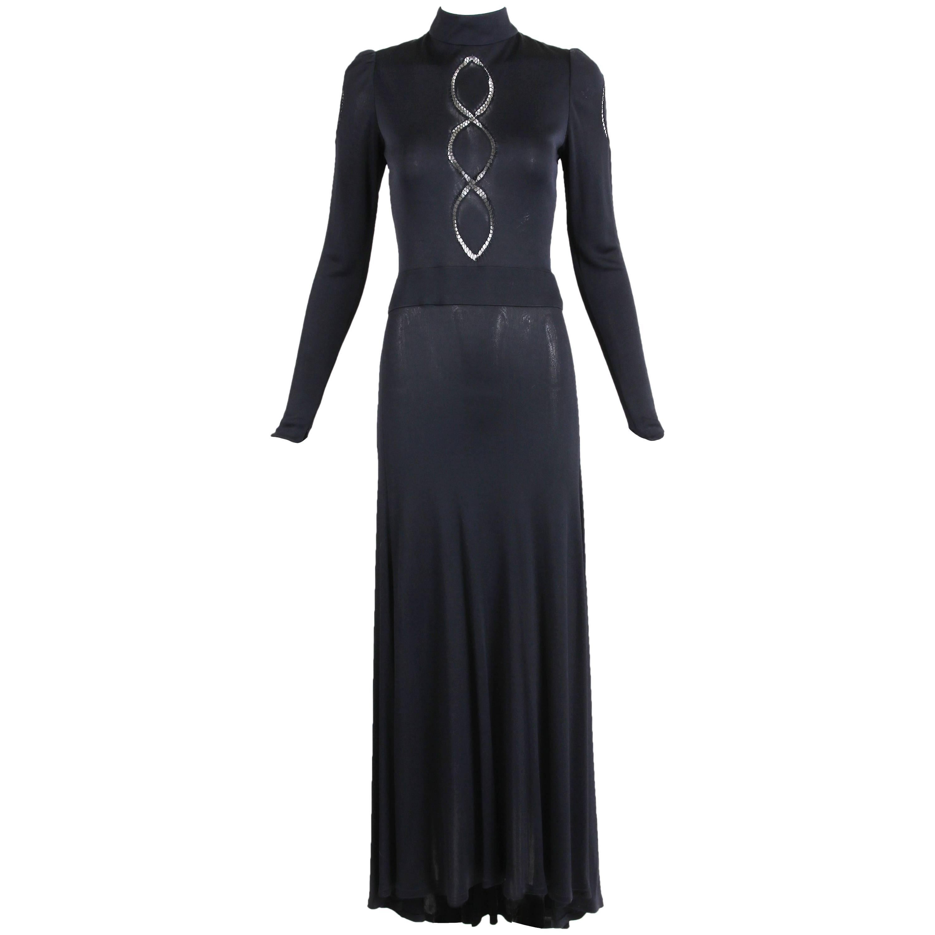 1970's Donald Brooks Black Jersey Long Sleeve Maxi Dress W/Cut Outs