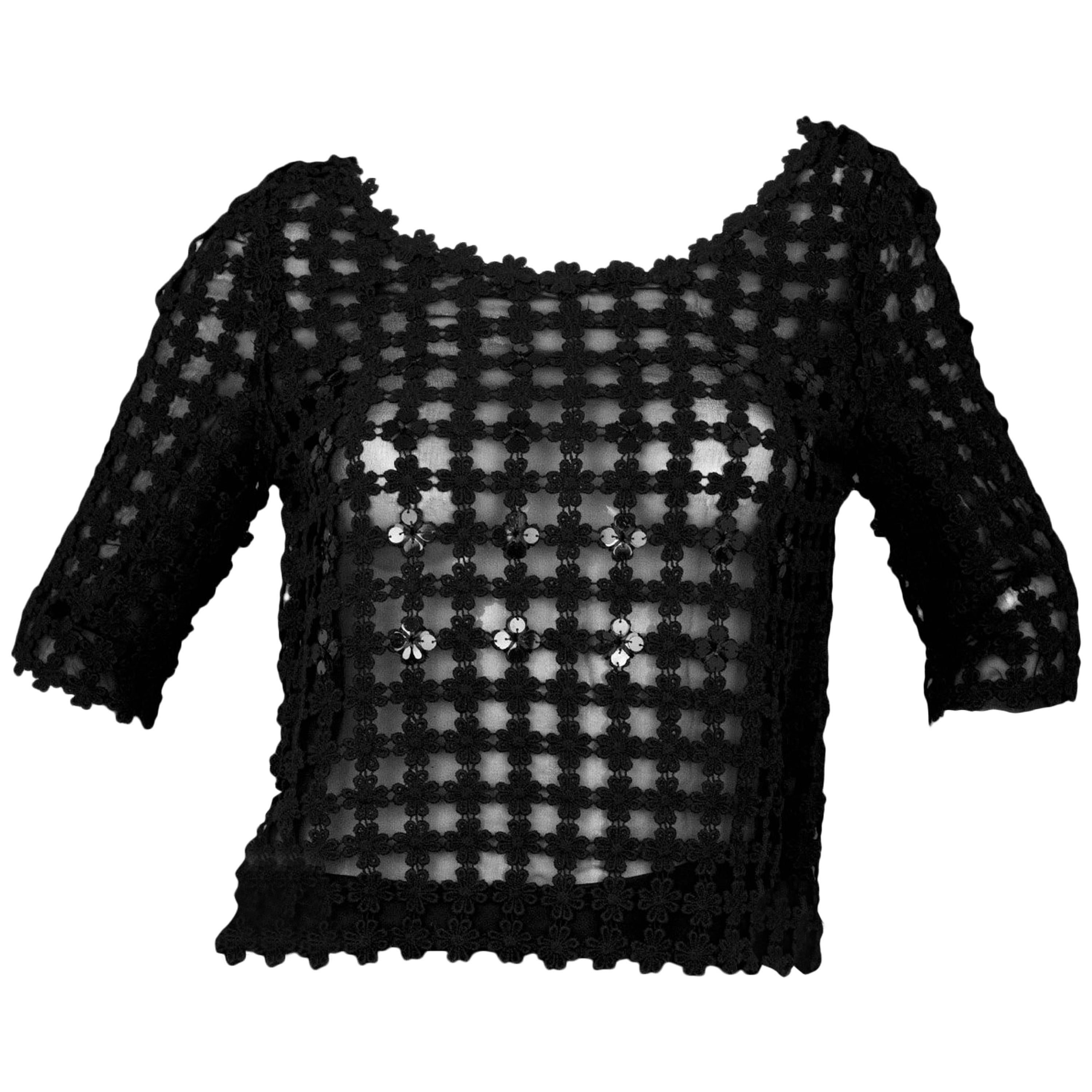 Oscar De La Renta Black Floral Crochet 3/4 Sleeve Top sz US4