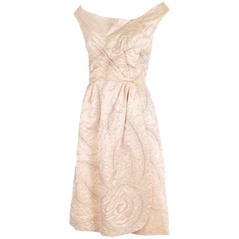 Ceil Chapman Champagne-Colored Satin Beaded Cocktail Dress Ca. 1965 For  Sale at 1stDibs | champagne cocktail dress, champagne color cocktail dress, champagne  colored cocktail dress