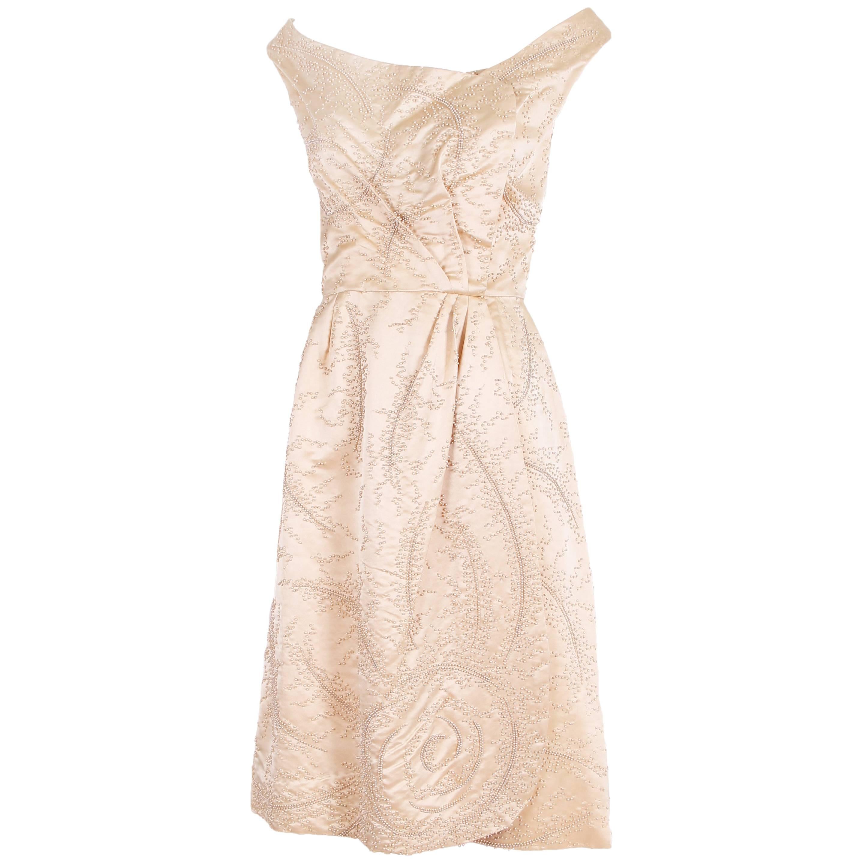 Ceil Chapman Champagne-Colored Satin Beaded Cocktail Dress Ca. 1965 For Sale