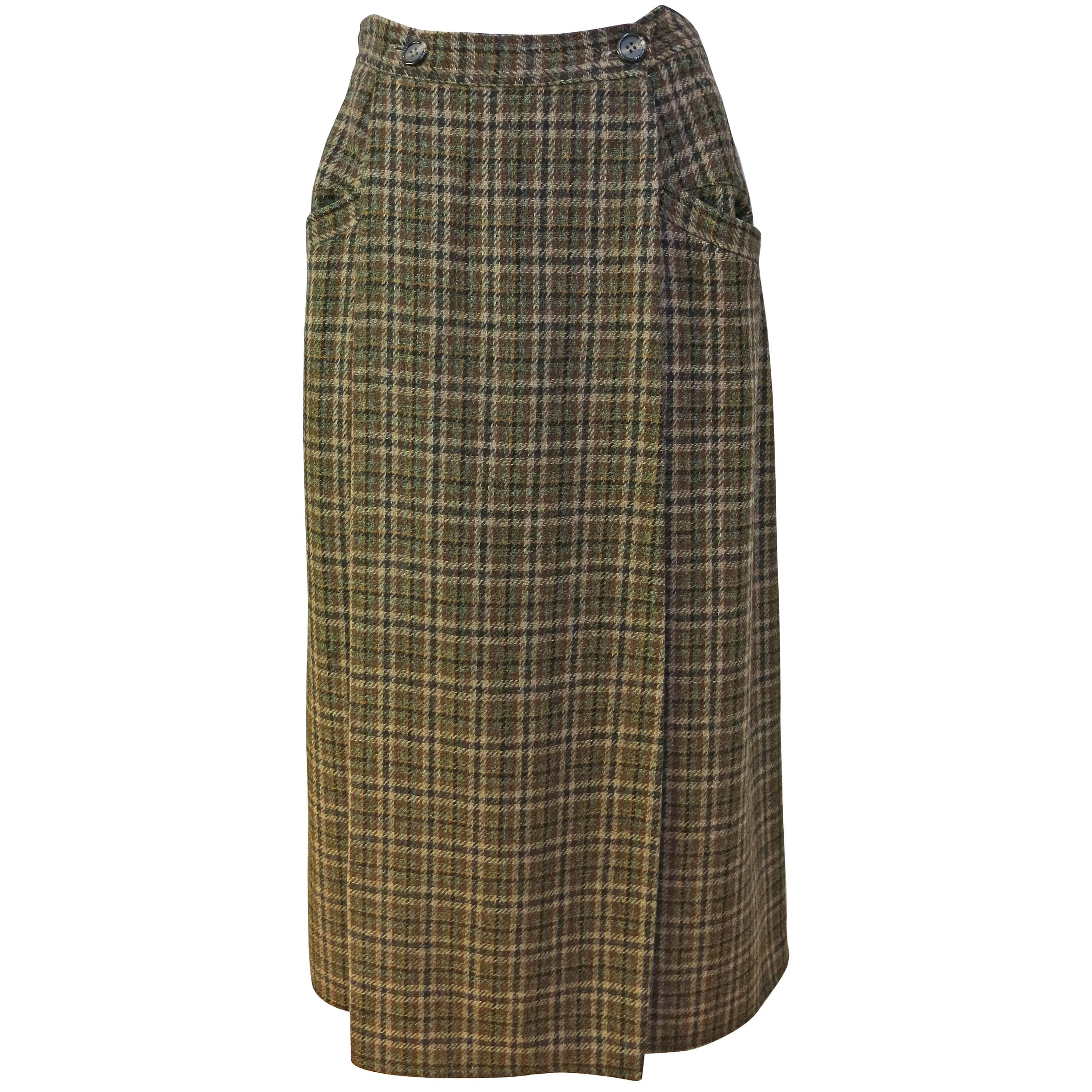 1980s Calvin Klein Brown Plaid Wool Wrap Skirt For Sale