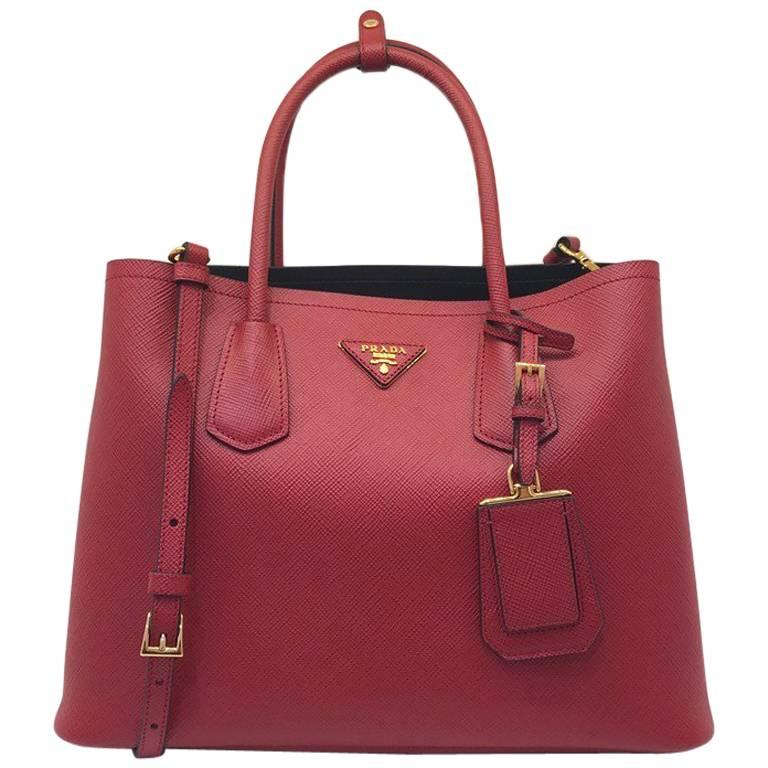 Prada Saffiano Cuir Leather Double Bag Tote Red For Sale