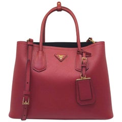 Prada Saffiano Cuir Leather Double Bag Tote Red