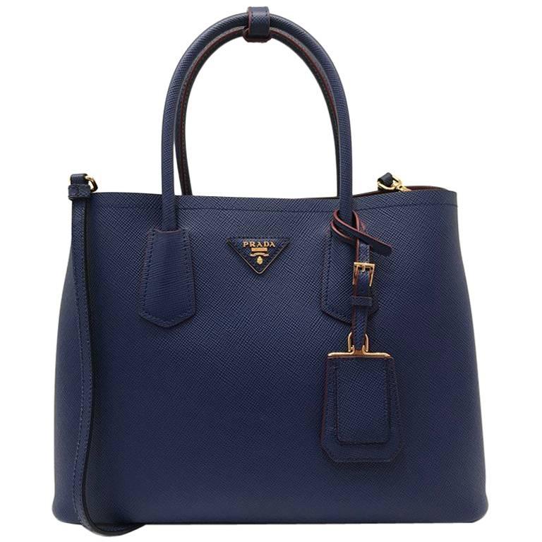 Prada Saffiano Cuir Leather Double Bag Tote Blue For Sale