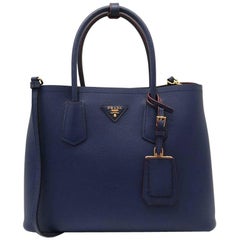 Prada Saffiano Cuir Leather Double Bag Tote Blue