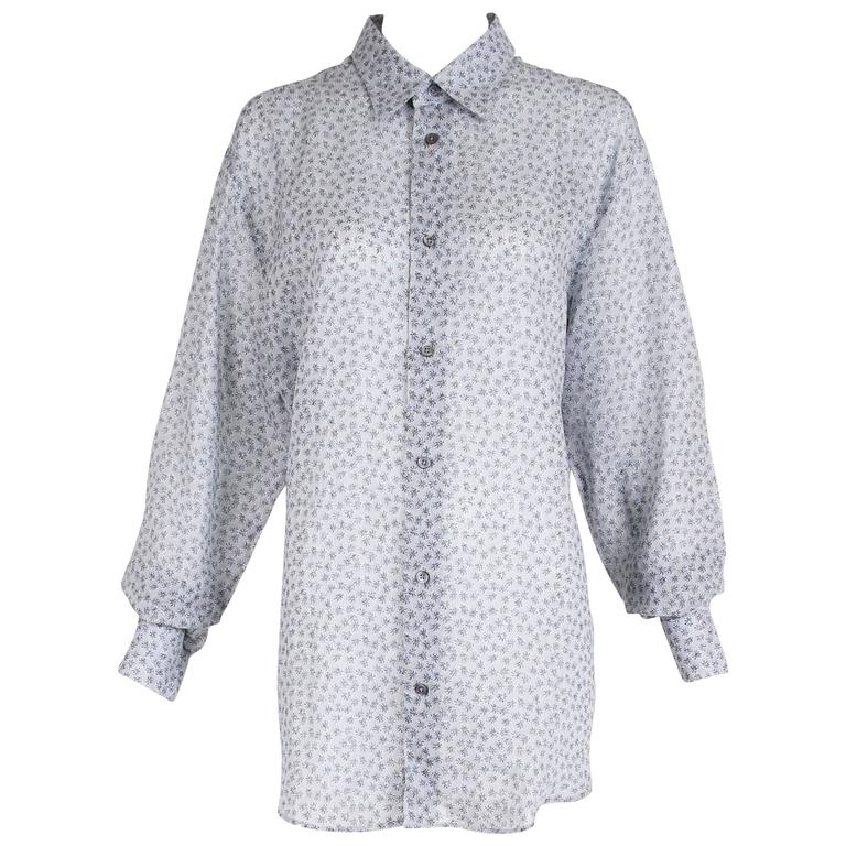 Hermes Men's Pale Blue Linen Button Down Long Sleeve Floral Print Shirt For Sale at 1stDibs