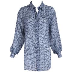 Hermes Men's Blue Linen Collared Button Down Long Sleeve Floral Print Shirt 6