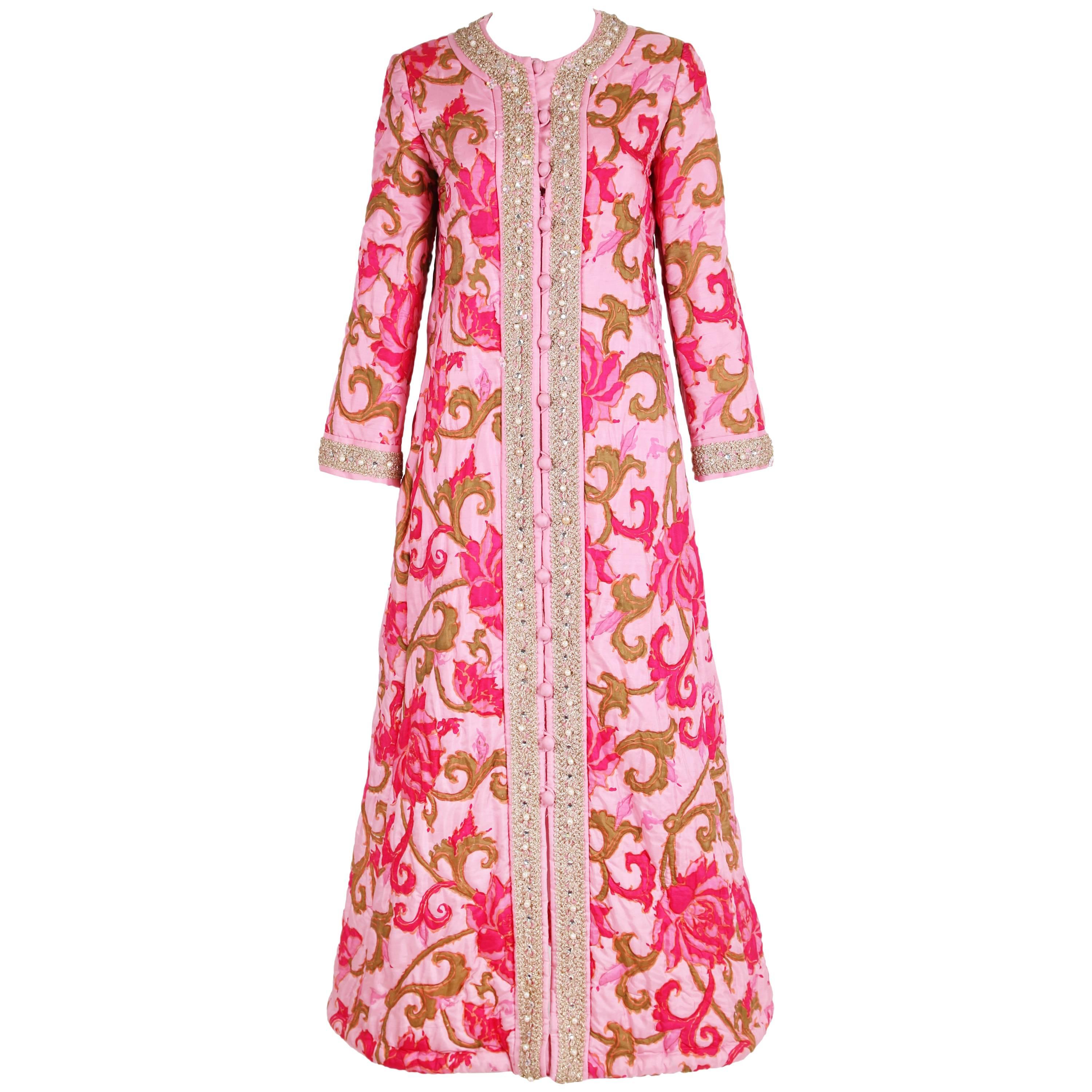 1970's Malcom Star rPink Printed Quilted House Coat W/Beading and Gold ...