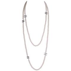 2001 Chanel Pearl Sautoir Necklace W/Silver Tone CC Logos Encrusted w/Crystals