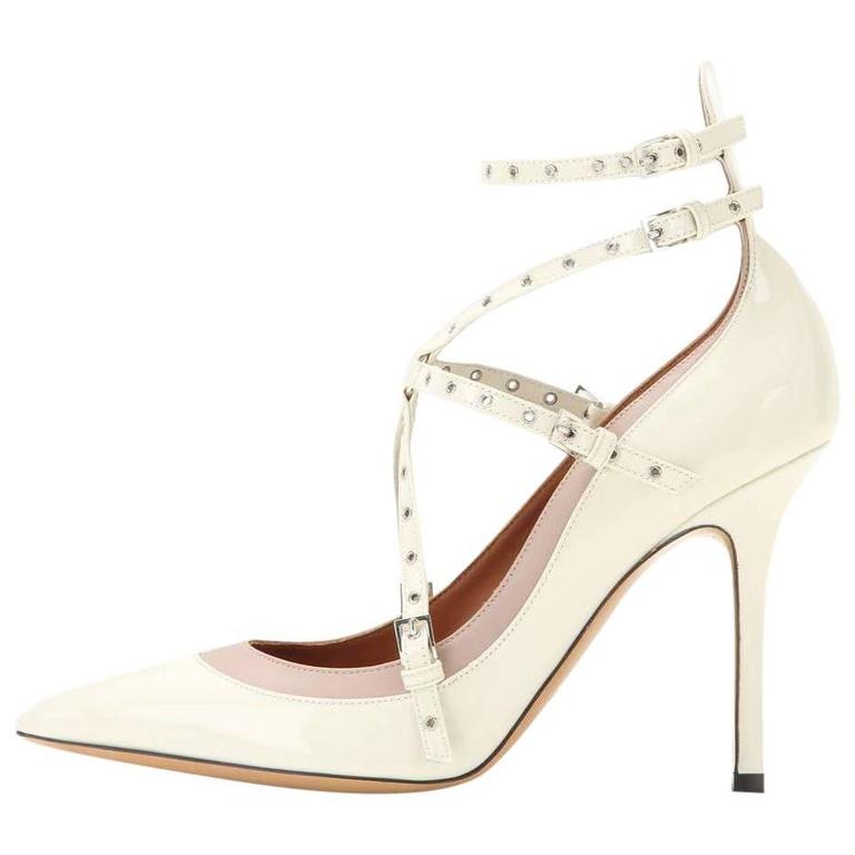 Valentino Off White Cream Nude Patent Leather Strappy Heels Sandals in Box  at 1stDibs