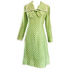 GEOFFREY BEENE 1960s Green White Polka Dot & Square Print Knit A Line 60s Dress