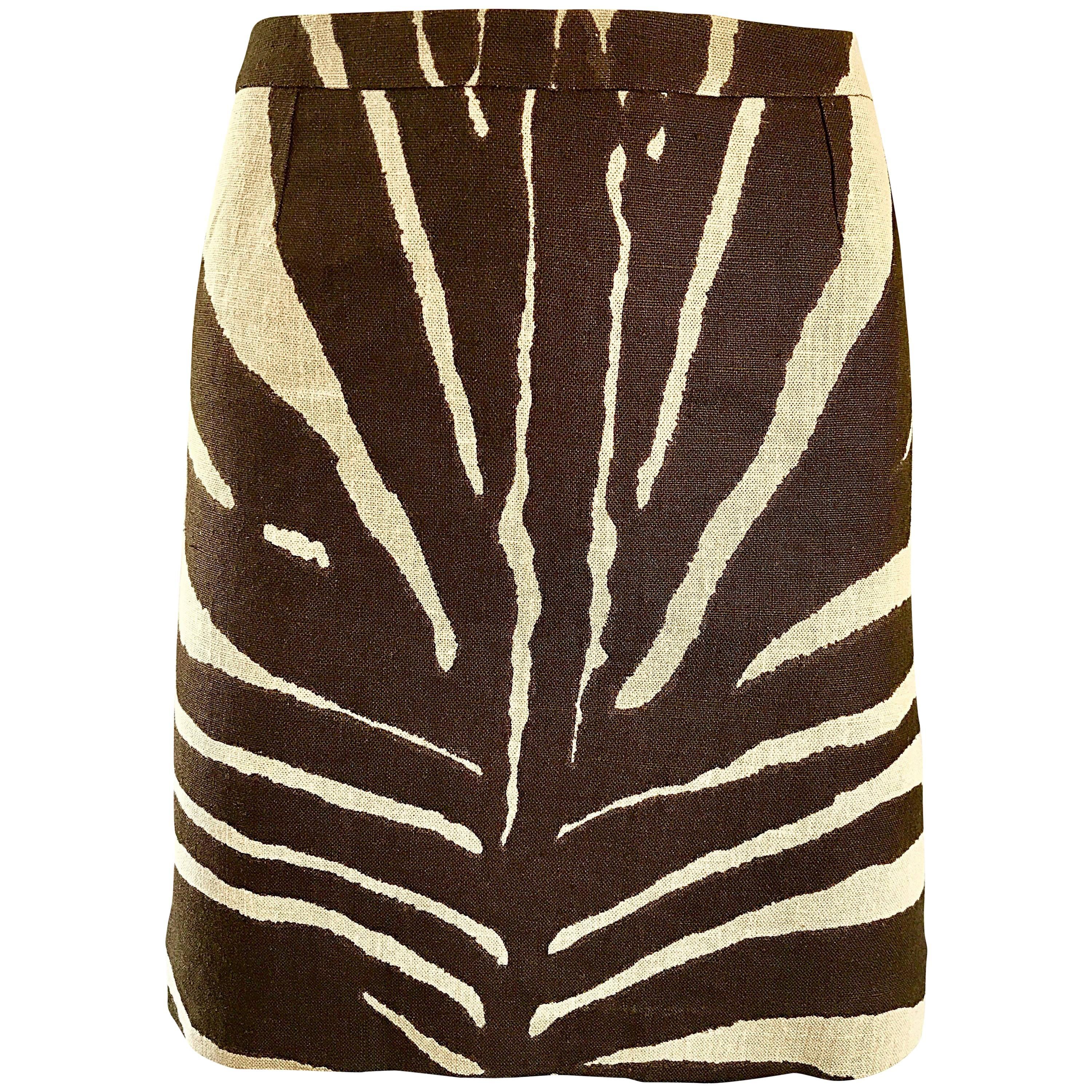 NWT Michael Kors Collection Size 4 Brown + Ivory Zebra Print Linen Mini Skirt For Sale