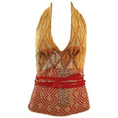 Rare 1990s Dries Van Noten Size Large Beaded Ikat Vintage 90s Wool Halter Top