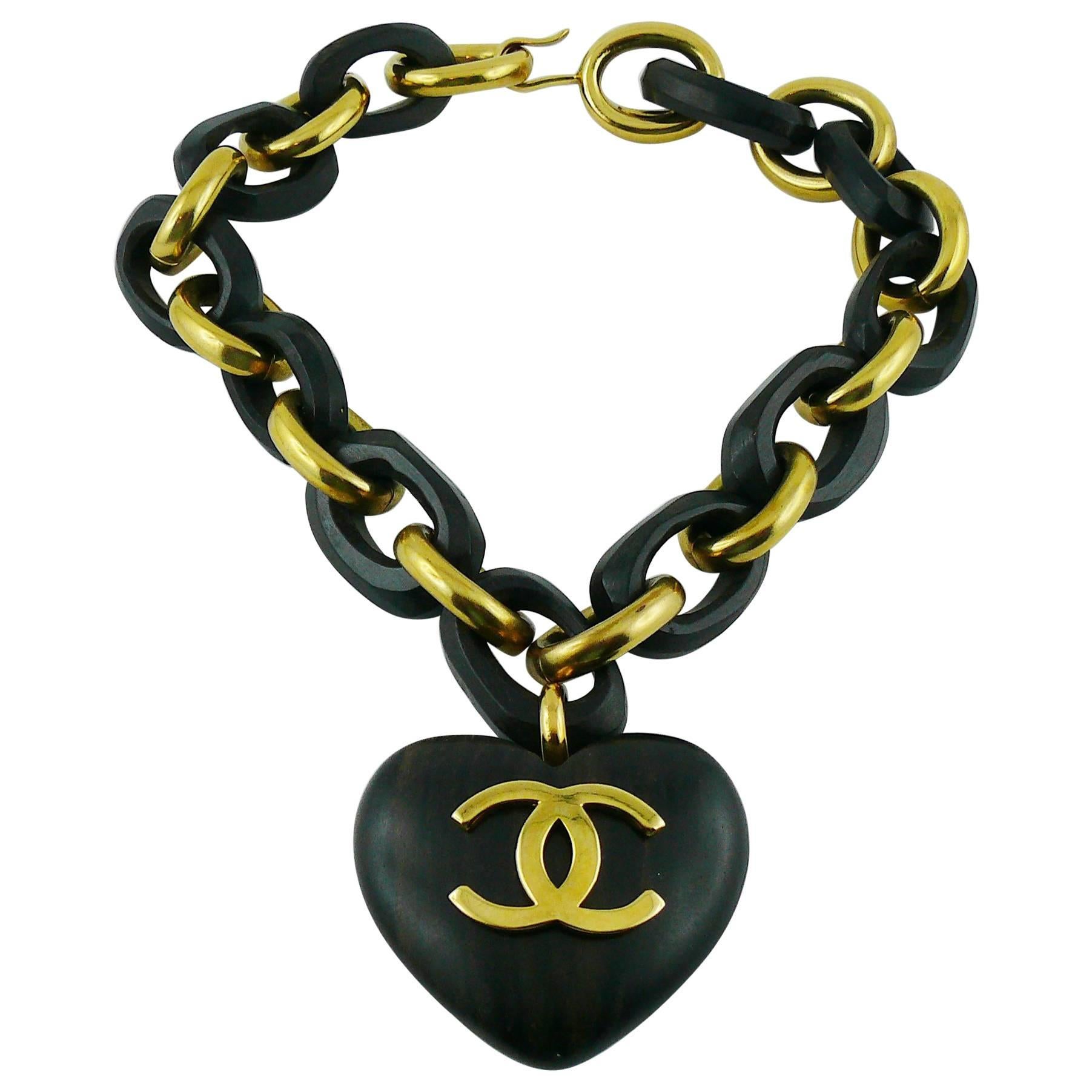 Chanel Vintage Gold Metal And Carved Wood Link CC Heart Necklace, 1991  Available For Immediate Sale At Sotheby's