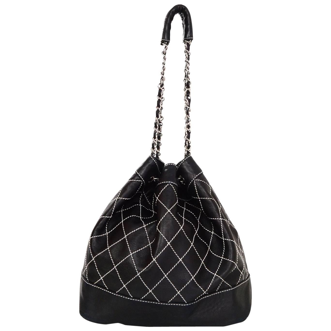 Chanel Black Leather Contrast Quilted Surpique Bucket Bag