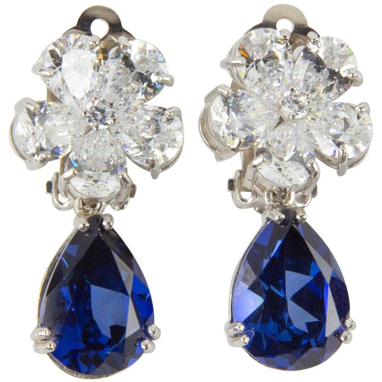 Amazing Faux Diamond Sapphire Drop Clip Statement Earrings For Sale at