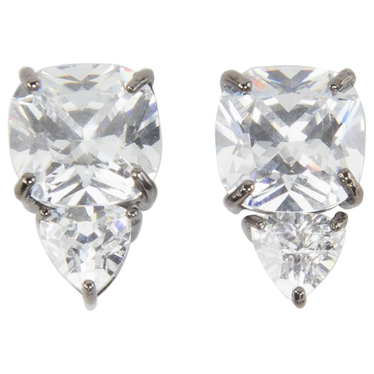 Striking Faux Trillion and Cushion Diamond Stud Statement Clip Earrings